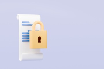 3D Business Document sheet with padlock security icon. Health insurance, data protection. approved document concept. Minimal Document Security sheet paper icon isolated on purple background. 3d render