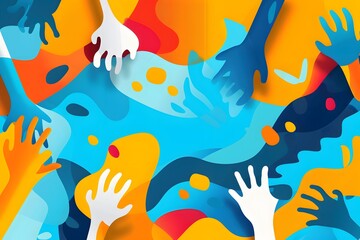 Abstract illustration of colorful hands reaching amid vibrant, overlapping shapes.