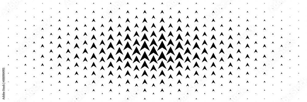 Poster horizontal halftone of black arrow spreading from center for pattern and background.