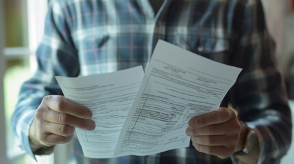 Fototapeta premium Focused senior man analyzing detailed financial report document with concentrated expression, sitting indoors at home closeup
