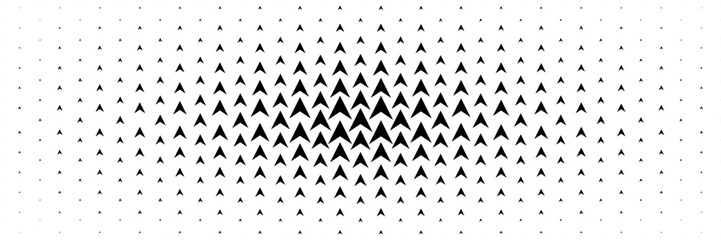 horizontal halftone of black arrow spreading from center for pattern and background.