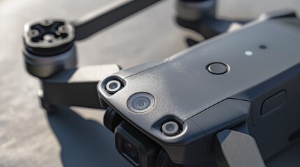 Black and gray modern camera drone with high-tech features, isolated on gray background for aerial photography and videography enthusiasts