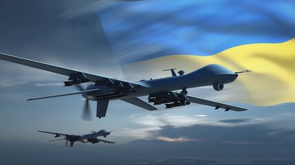 Military drones in perfect formation high above clouds, with sun casting warm glow creating powerful image in sky.