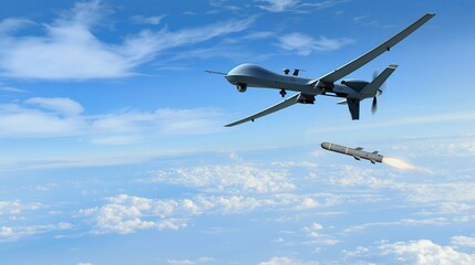 Fototapeta premium Advanced military unmanned aerial vehicle equipped with a high precision missile flying gracefully above the thick white clouds in the sky