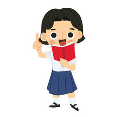 Adorable Thai Little Girl in School Uniform Reading - Kawaii Character