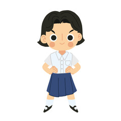 Cute Thai Cartoon Character of Confident Student Girl, Kawaii Thai Little Girl