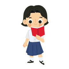 Adorable Thai Little Girl in School Uniform Reading - Kawaii Character