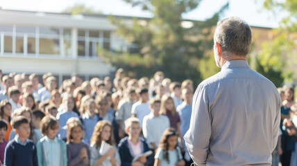 Rear view of a male speaker addressing a large crowd of diverse students outside a school building, community gathering concept