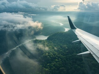 Obraz premium Aerial view of Amazon Rainforest in South America showcases lush green vegetation and clear blue sky dotted with fluffy white clouds as a white airplane flies from bottom right to top left corner.