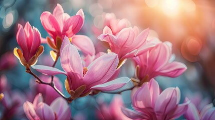 Fototapeta premium Pink magnolia flowers blooming in spring garden