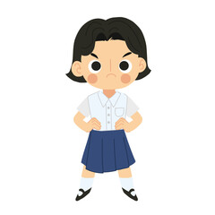 Cute Cartoon of Frustrated Thai Student Girl, Angry Emotion, Education Concept.