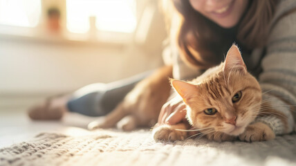 Woman relaxing with ginger cat affectionate pet lying on floor, cozy home scene, girl bonding with feline companion, indoor comfort, tranquil moment, pet care and relaxation at home comfort concept
