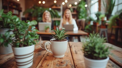 Two people using laptops, working in a modern office. Green office decor, biophilic design, remote work, productivity, workplace well-being.
