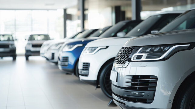 Luxury SUVs on Display in a Modern Car Dealership, Sleek Vehicles Parked in a Row, Premium Automobiles in a Showroom, automotive concept
