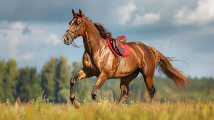 Fototapeta premium Chestnut brown horse running walking trotting on field Red saddle cloth