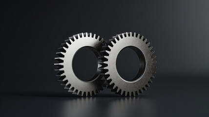 Two interlocking silver gears on dark background, representing teamwork, collaboration and precision, machinery concept