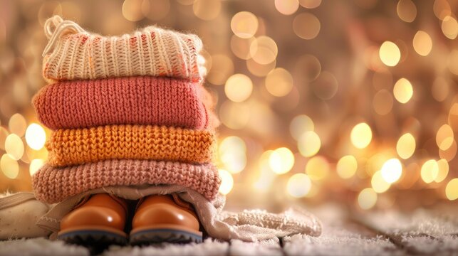 Stack of cozy winter knitted sweaters and cute small boots on a blurred background with bokeh Warm Cozy Concept Banner imafe for design