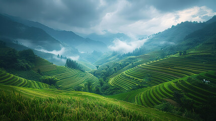 Fototapeta premium terraced rice fields in Longsheng, with pandas wandering through the fields as the background, 