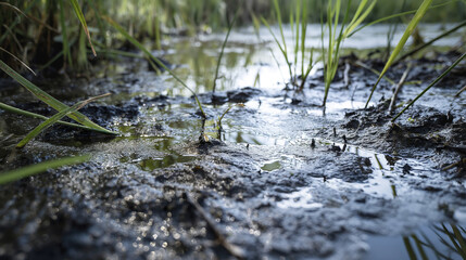Close-up view of wet muddy ground with green reeds, shallow swamp detail in natural environment, wetland ecosystem concept