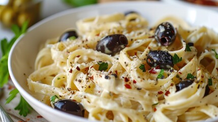 White sauce pasta is creamy and saucy pasta perfectly seasoned with Italian herbs and topped with red chili flakes and olives