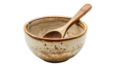 A ceramic bowl with a rustic glaze and a wooden spoon inside