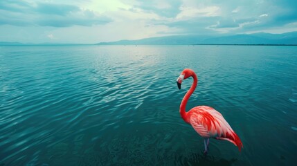 Pink flamingo Exotic animal in the wild in the lake Cloudy day Aerial drone footage Flaming take off and flying