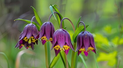 Fritillaria uva vulpis fox grape fritillary is a perennial plant with dark purple bell shaped flowers with bright yellow border