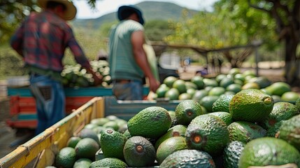 Farmers loading the truck with full hass avocado s boxes Harvest Season Close up