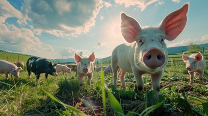 Pigs eating on a meadow in an organic meat farm wide angle lens shot