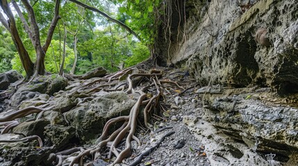 Fototapeta premium Rocks and tree roots protruding from ground where embankment has eroded away under wooded mountain area