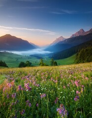 Obraz premium üppige grüne Landschaft bei Sonnenaufgang. Im Vordergrund befindet sich eine blühende Blumenwiese, während sich im Hintergrund majestätische Berge unter einem klaren, blauen Himmel erheben. Nebel