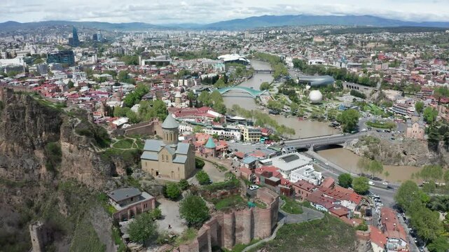 Aerial footage of the Narikala fortress in the center of Tbilsii - the capital of Georgia