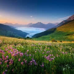 Fototapeta premium üppige grüne Landschaft bei Sonnenaufgang. Im Vordergrund befindet sich eine blühende Blumenwiese, während sich im Hintergrund majestätische Berge unter einem klaren, blauen Himmel erheben. Nebel