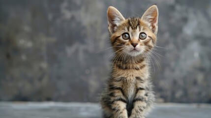 Fototapeta premium Striped brown kitten on gray backdrop