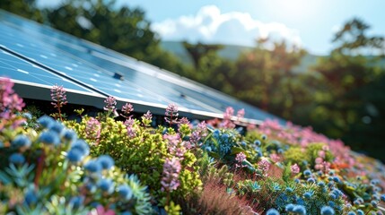 Green roof with flowering sedum plants and a row of blue solar panels for climate adaptation Renewable energy system for green electricity Rooftop garden with photovoltaic