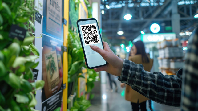 Hand scanning QR code in a grocery store using a smartphone, with other shoppers in the background. Mobile payment, shopping convenience, digital transactions, contactless payment, technology use. - Powered by Adobe
