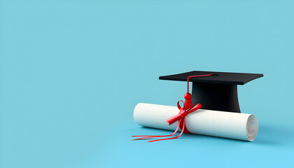 Graduation cap with diploma web banner on blue background