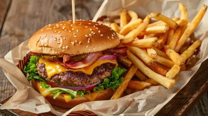 Triple Buerger with French Fries in a Basket