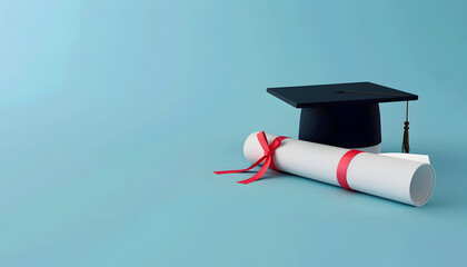 Graduation cap and diploma web banner on blue background