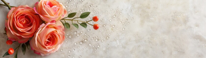 Two white roses are on a table with water droplets surrounding them. The droplets create a sense of freshness and beauty, emphasizing the delicate nature of the roses