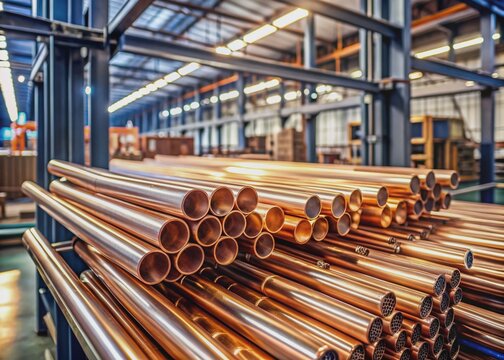 Copper tubes organized on shelf, awaiting selection, in a coolant factory with machinery and equipment in the background, and empty space for text or graphics.