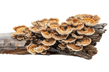 Obraz premium Saprophytic fungus on a piece of wooden on transparent background Generative Ai