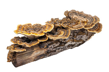 Saprophytic fungus on a piece of wooden on transparent background Generative Ai