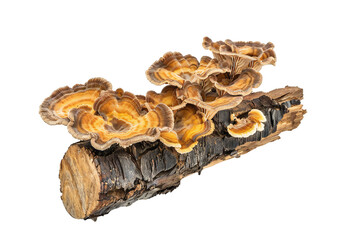 Obraz premium Saprophytic fungus on a piece of wooden on transparent background Generative Ai