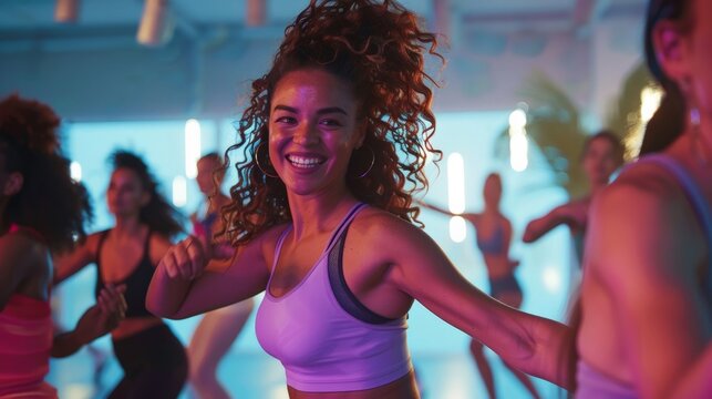 A group of people doing a dance fitness class, moving to the beat and having fun while working out
