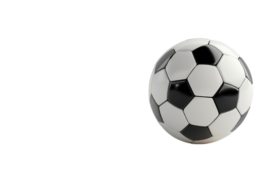 A classic soccer ball, with its black and white panels, sits isolated on a white background