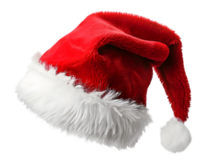 Red Christmas hat with fluffy white trim on transparent background