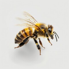 hyperrealistic honey bee midflight intricate wing detail pollendusted legs macro photography style on pure white background sharp focus