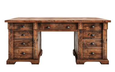 A rustic wooden desk with multiple drawers and a large work surface