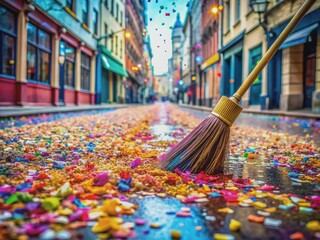 Obraz premium Vibrant confetti litters a city street, a lone broomstick leans against the curb, as colorful remnants of a joyful celebration await removal from the urban landscape.
